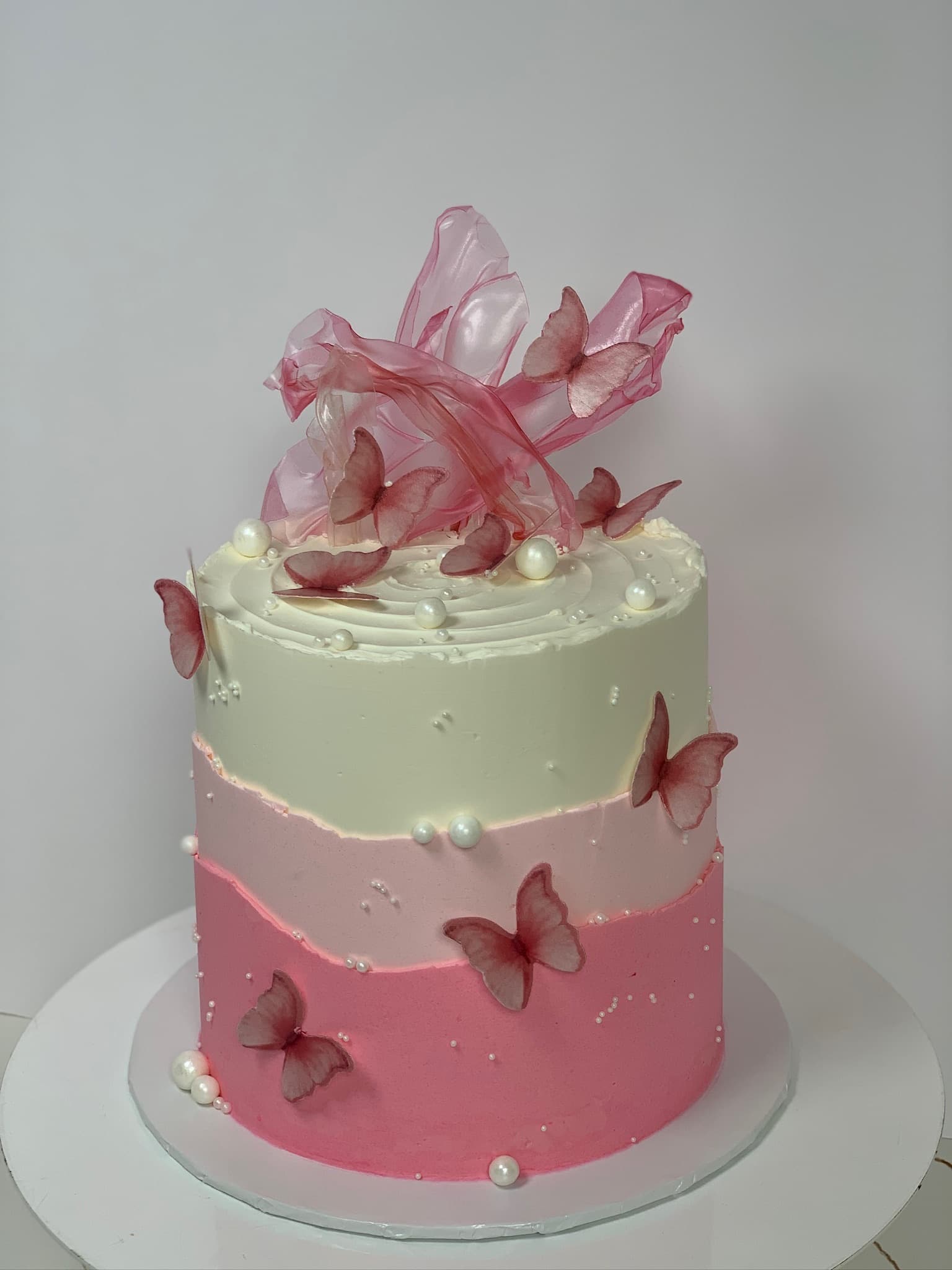 Pink ombre butterfly cake — side view