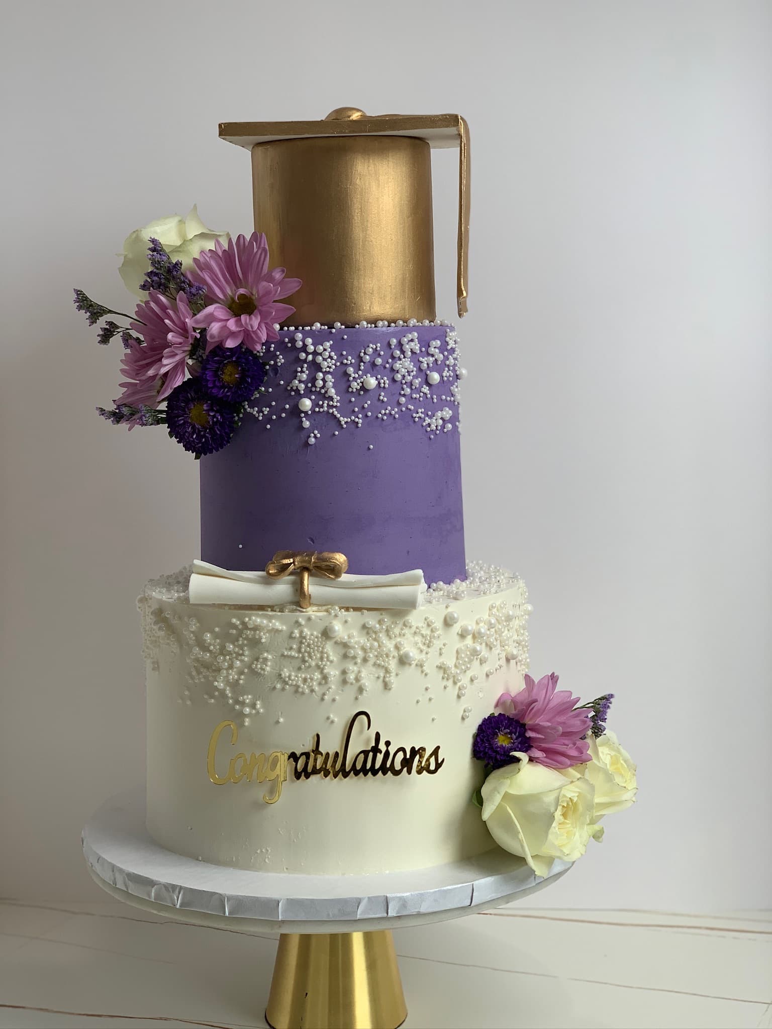 Purple congratulations graduation two-tier cake